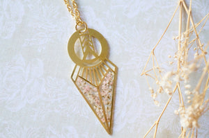 Real Dried Flowers in Resin, Brass Necklace in Baby Pink and White