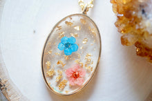 Real Pressed Flower and Resin Necklace Gold Oval in Blue Pink and Gold Foil Flakes