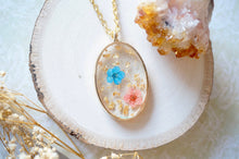 Real Pressed Flower and Resin Necklace Gold Oval in Blue Pink and Gold Foil Flakes