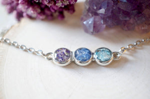 Real Pressed Flowers and Resin, Bar Necklace in Purple, Cornflower Blue, and Light Blue Ombre