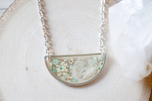 Real Dried Flowers in Resin Necklace, Silver Half Circle in White and Mint