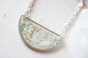 Real Dried Flowers in Resin Necklace, Silver Half Circle in White and Mint