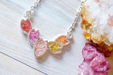 Real Dried Flowers in Resin, Silver Necklace in Red, Pinks, Yellow and Orange