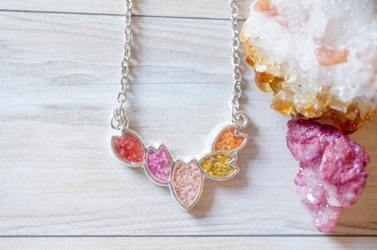 Real Dried Flowers in Resin, Silver Necklace in Red, Pinks, Yellow and Orange