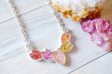 Real Dried Flowers in Resin, Silver Necklace in Red, Pinks, Yellow and Orange