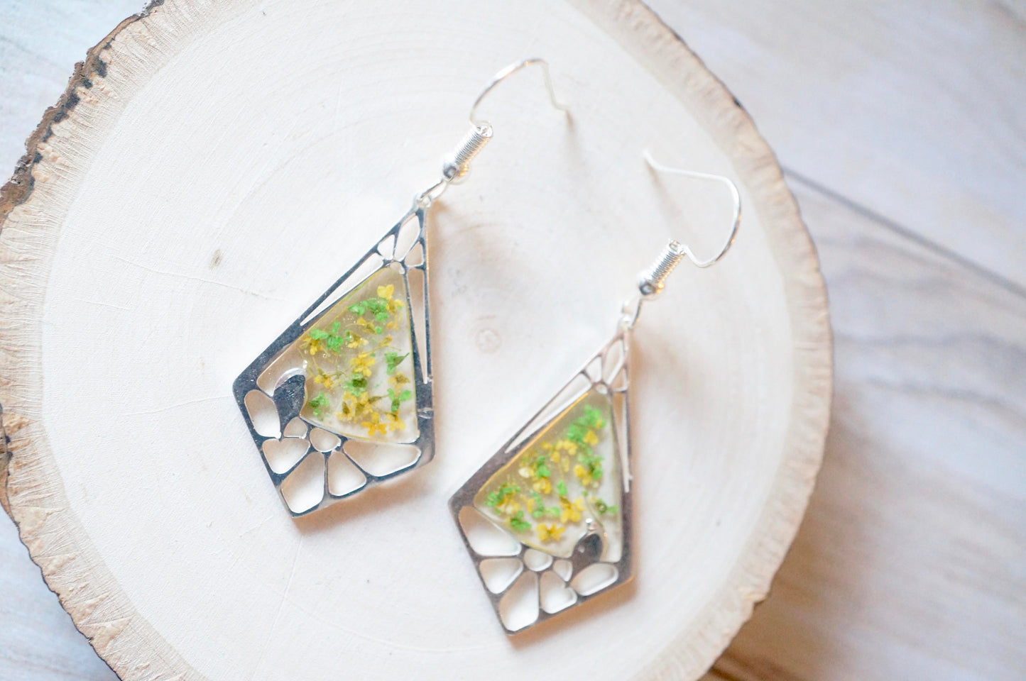 Real Pressed Flowers and Resin Earrings, Drops in Green and Yellow