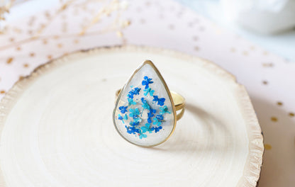 Real Pressed Flower and Resin Ring, Gold Teardrop in Teal and Blue