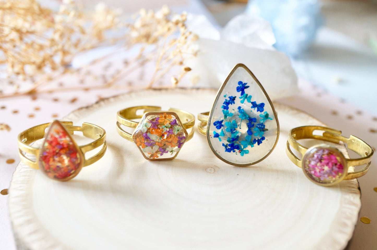 Real Pressed Flower and Resin Ring, Small Gold Circle in Purple and Pink
