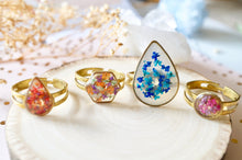 Real Pressed Flower and Resin Ring, Gold Celestial Moon and Sun in Orange Yellow Red Pink