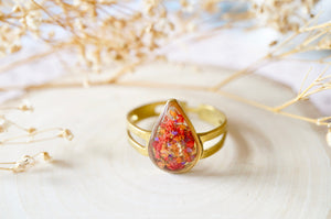 Real Pressed Flower and Resin Ring, Small Gold Teardrop in Orange Red Purple