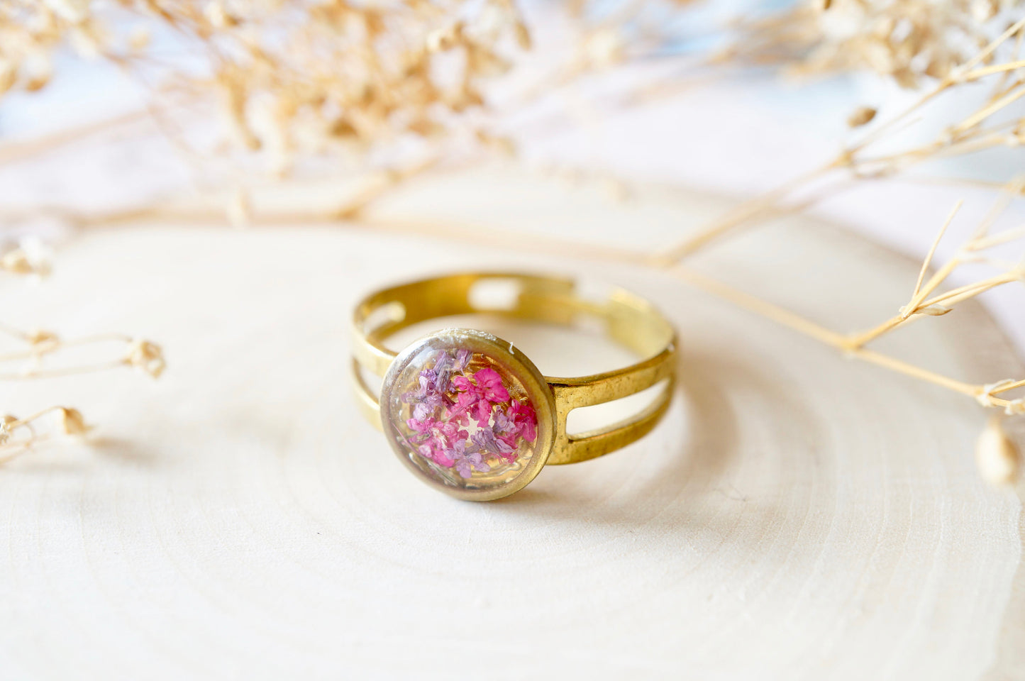 Real Pressed Flower and Resin Ring, Small Gold Circle in Purple and Pink