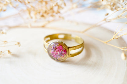 Real Pressed Flower and Resin Ring, Small Gold Circle in Purple and Pink