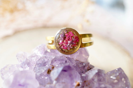 Real Pressed Flower and Resin Ring, Small Gold Circle in Purple and Pink
