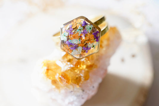 Real Pressed Flower and Resin Ring, Gold Hexagon in Purple Orange Baby Blue