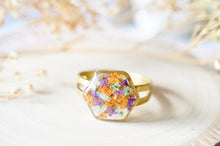 Real Pressed Flower and Resin Ring, Gold Hexagon in Purple Orange Baby Blue