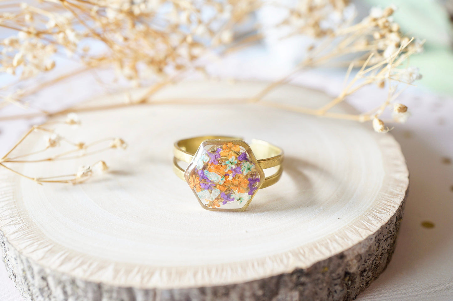Real Pressed Flower and Resin Ring, Gold Hexagon in Purple Orange Baby Blue