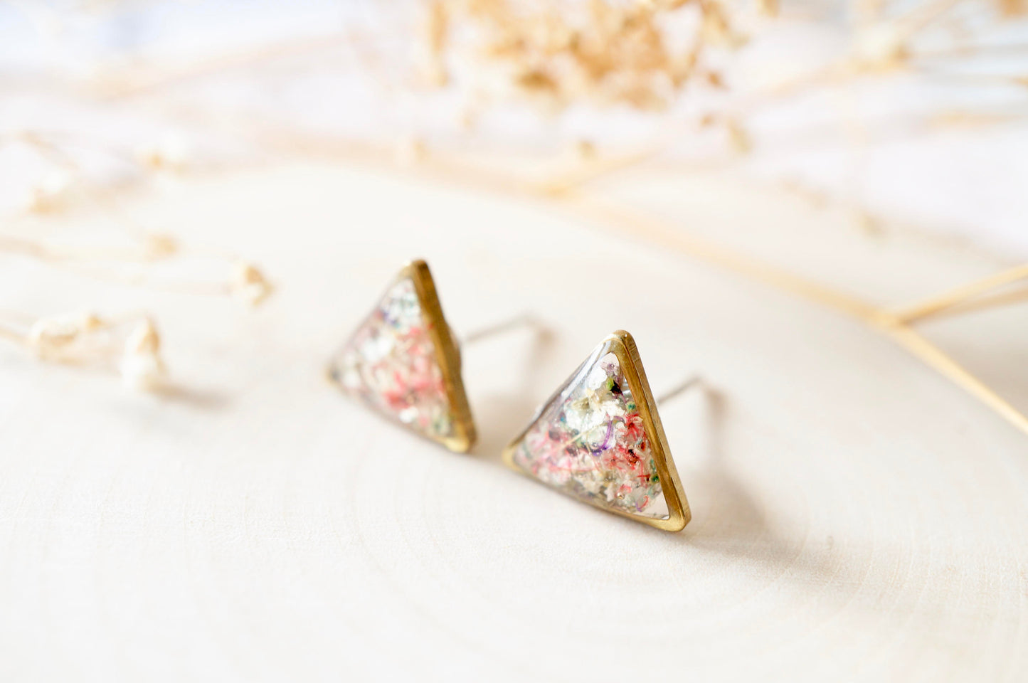 Real Dried Flowers and Resin Triangle Stud Earrings in Baby Blue Pink Purple White