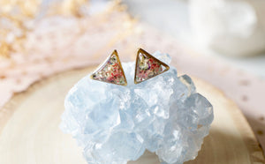 Real Dried Flowers and Resin Triangle Stud Earrings in Baby Blue Pink Purple White