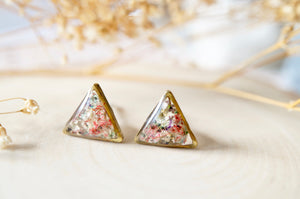 Real Dried Flowers and Resin Triangle Stud Earrings in Baby Blue Pink Purple White