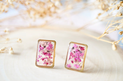 Real Dried Flowers and Resin Stud Earrings, Gold Rectangle in Pink Mix