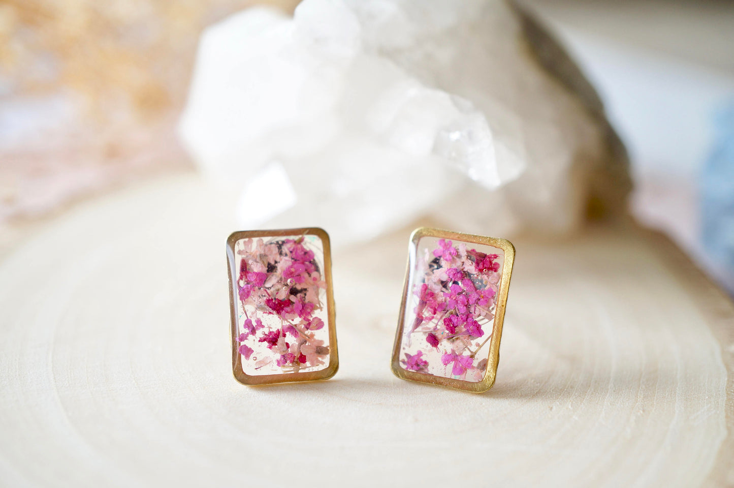 Real Dried Flowers and Resin Stud Earrings, Gold Rectangle in Pink Mix