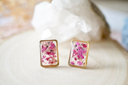 Real Dried Flowers and Resin Stud Earrings, Gold Rectangle in Pink Mix