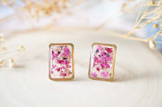 Real Dried Flowers and Resin Stud Earrings, Gold Rectangle in Pink Mix