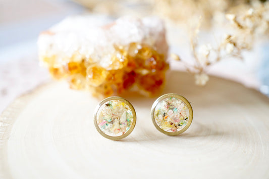 Real Dried Flowers and Resin Stud Earrings, Raw Brass Circle in Pastel Mix