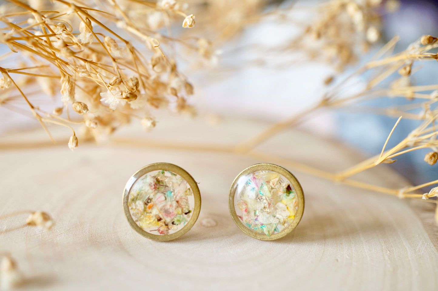 Real Dried Flowers and Resin Stud Earrings, Raw Brass Circle in Pastel Mix