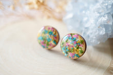 Real Dried Flowers and Resin on Wood Stud Earrings in Teal Green Pink Yellow