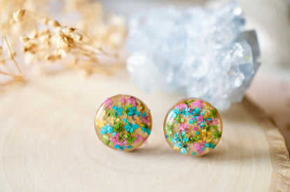 Real Dried Flowers and Resin on Wood Stud Earrings in Teal Green Pink Yellow