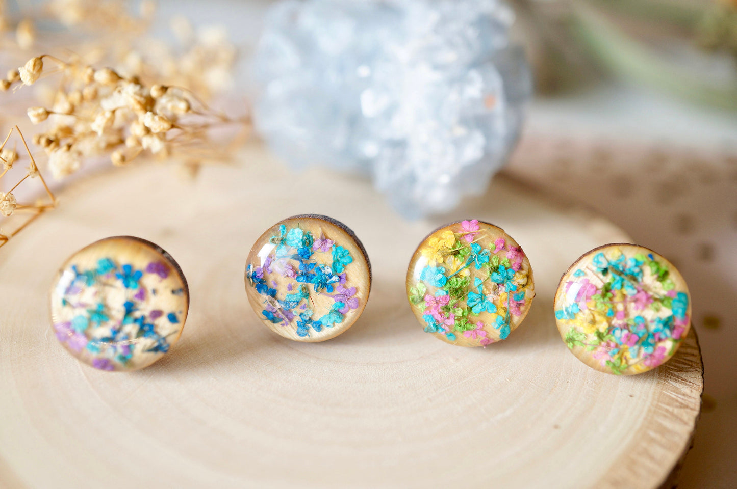 Real Pressed Flowers and Resin on Wood Stud Earrings in Green Teal Purple