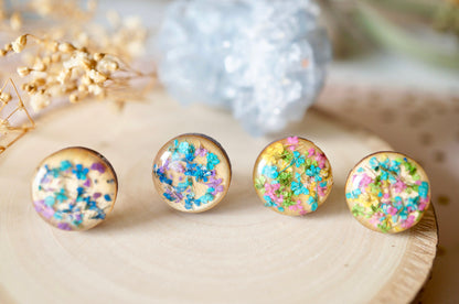 Real Pressed Flowers and Resin on Wood Stud Earrings in Green Teal Purple