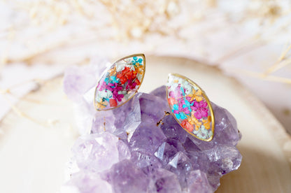 Real Dried Flowers and Resin Eye Stud Earrings in Jewel Mix