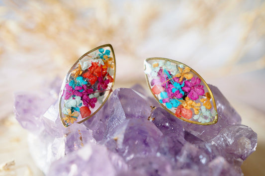 Real Dried Flowers and Resin Eye Stud Earrings in Jewel Mix