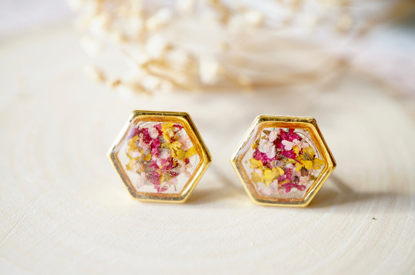 Real Dried Flowers and Resin Hexagon Gold Stud Earrings in Yellow Pink Magenta