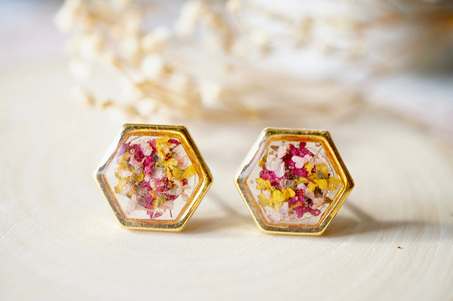 Real Dried Flowers and Resin Hexagon Gold Stud Earrings in Yellow Pink Magenta