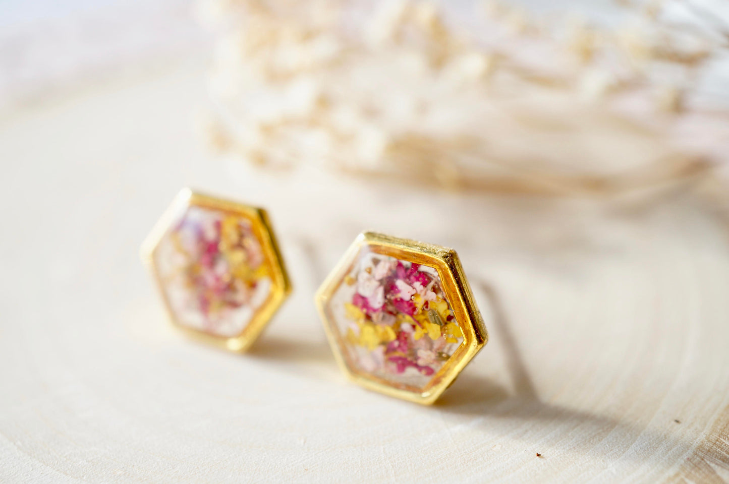 Real Dried Flowers and Resin Hexagon Gold Stud Earrings in Yellow Pink Magenta