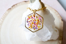 Real Dried Flowers in Resin Necklace, Gold Hexagon in Yellow Orange Pink Purple