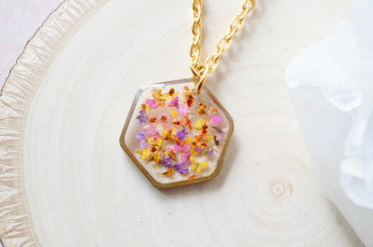 Real Dried Flowers in Resin Necklace, Gold Hexagon in Yellow Orange Pink Purple