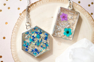 Real Dried Flowers in Resin Necklace, Silver Rectangle in Pink and Teal with Silver Flakes