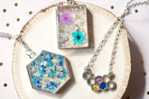 Real Dried Flowers in Honeycomb Resin Necklace in Purple Blue Yellow