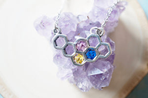 Real Dried Flowers in Honeycomb Resin Necklace in Purple Blue Yellow