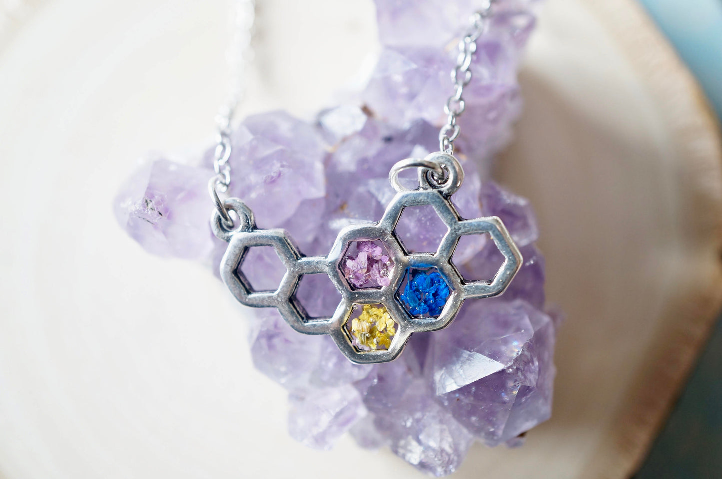 Real Dried Flowers in Honeycomb Resin Necklace in Purple Blue Yellow