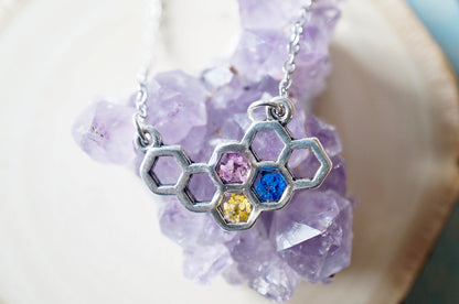 Real Dried Flowers in Honeycomb Resin Necklace in Purple Blue Yellow