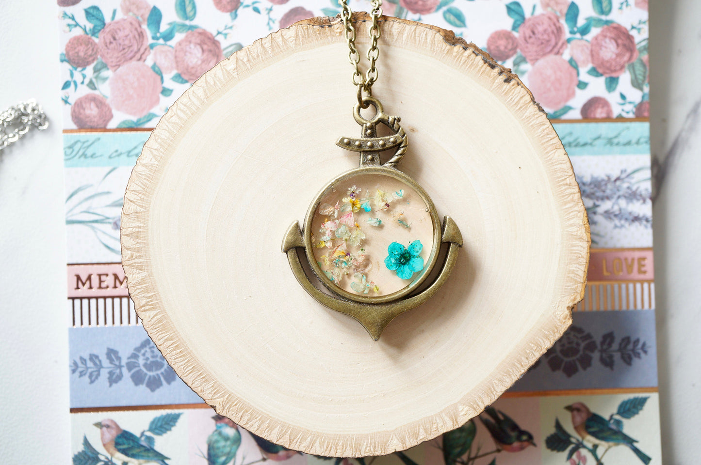 Real Dried Flowers in Resin Anchor Necklace in Teal and Pastel Mix