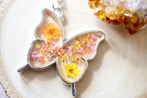Real Dried Flowers and Resin Necklace, Silver Butterfly in Orange Yellow and Pinks