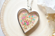 Real Dried Flowers in Resin Necklace, Silver Heart in Teal Yellow Peach Pink