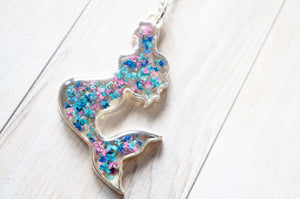 Real Dried Flowers in Resin Necklace, Silver Mermaid in Pink Blue Teal
