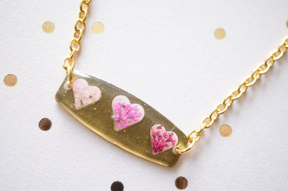 Real Flowers and Resin Necklace, Brass Hearts in Pinks, Valentine's Day Gift